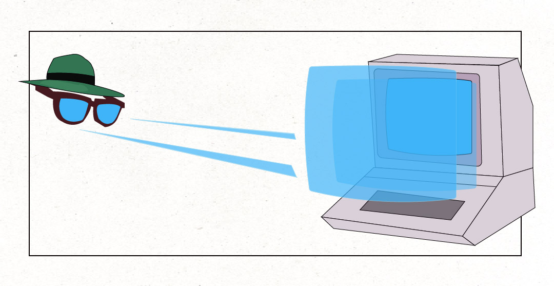 An invisible figure wearing a green fedora and sunglasses sees the blue light eminating from an old-fashioned computer.